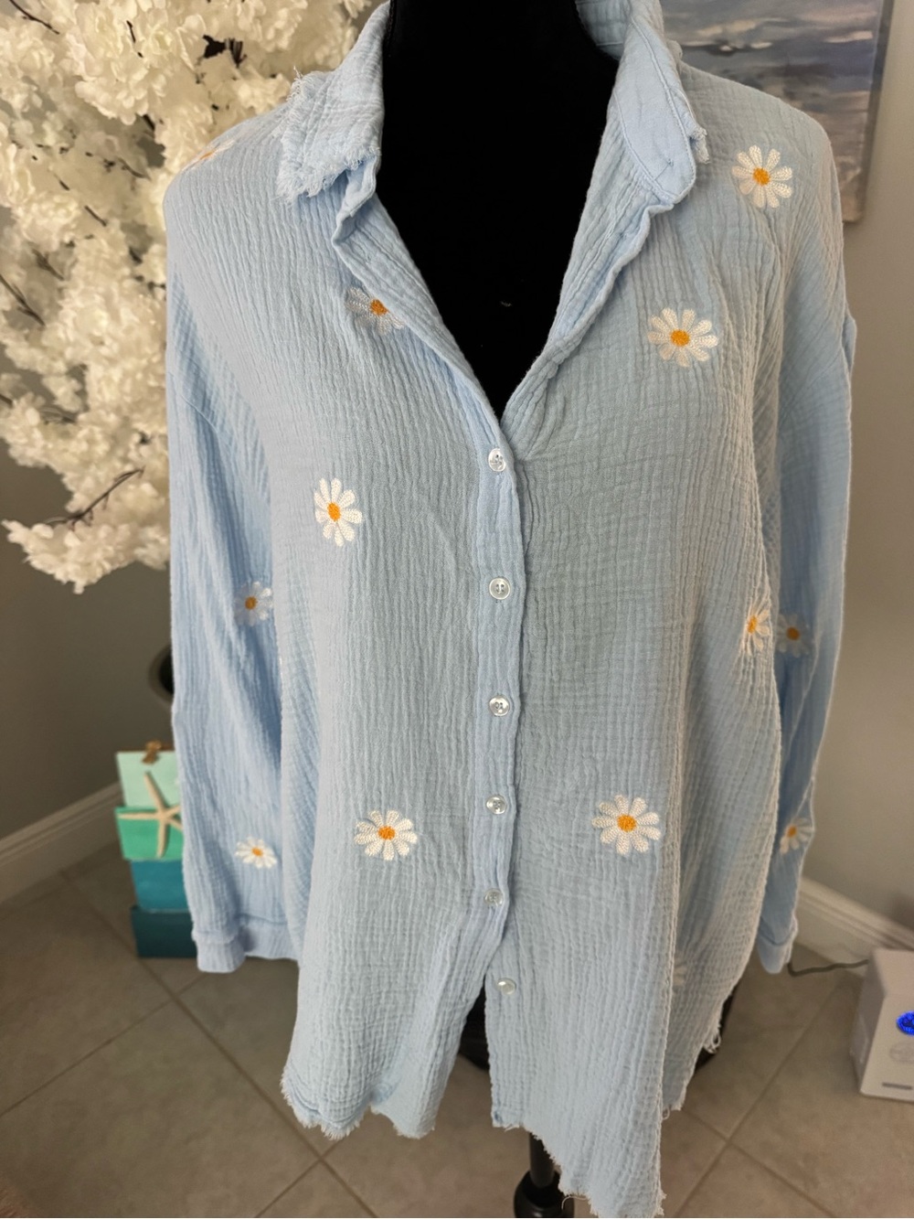 Light Blue Daisy Embroidered Button-Down Shirt for Women